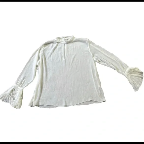 14 Women's H&M Sheer Ruffle Collar L/S Ivory Blouse Flare Sleeve